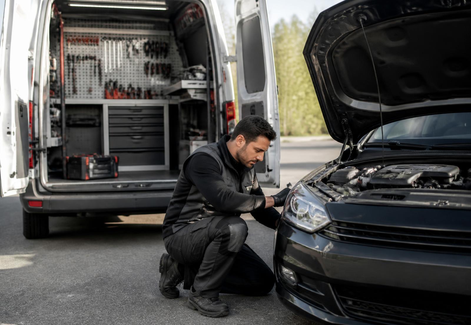 TECHNOTEX mobiilne autoremont — meister remondib autot teenindusbussi juures